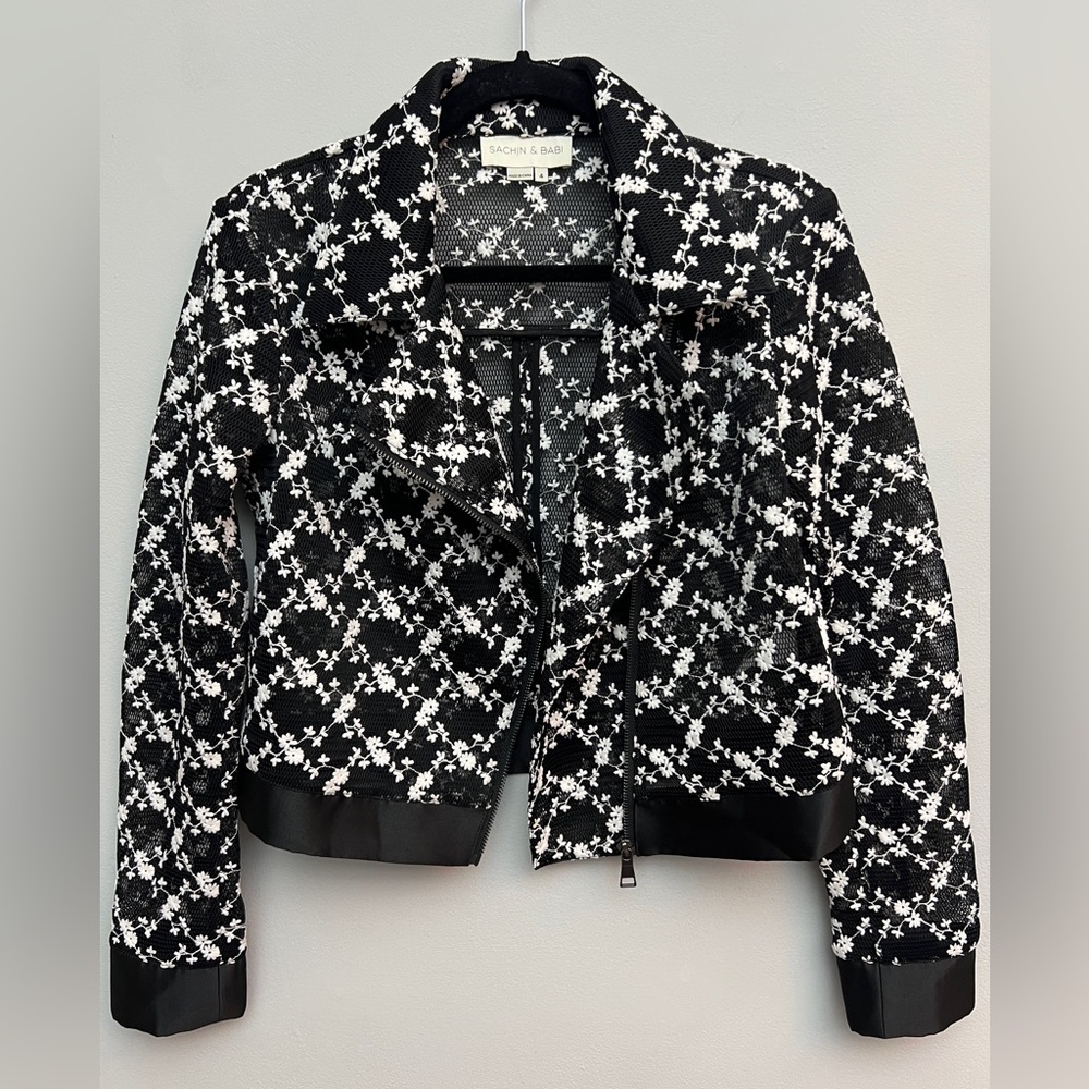 Sachin + Babi Sheer Floral Embroidered Moto Jacket with Silk Trim, Size 4